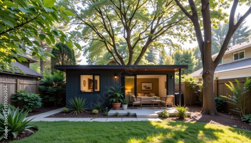 Accessory dwelling unit. Modern backyard retreat with cozy seating and lush greenery.