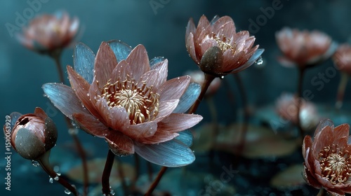 Close-up of blooming lotus flowers with water droplets on petals in moody blue atmosphere perfect for nature backgrounds, meditation visuals and floral-themed wellness design