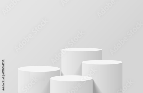 Abstract clean realistic 3d white cylinder podium. Minimal wall scene for product mockup. Vector geometric platform. 3d stage for product presentation. Studio room with 3d pedestal vector rendering.
