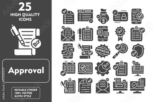 Approval Glyph Icon Set. Incleded Icons File, Contract, Clipboard, Computer, Survey, Documents, Mail, Screen, Computer, Web Browser. Vector Icons Collection