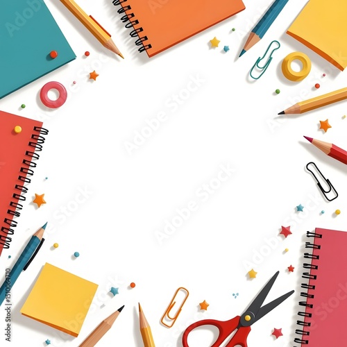 Back to school stationery set with colorful supplies on white background