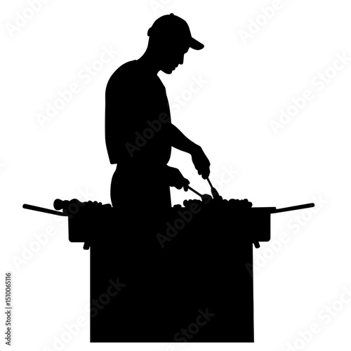 Silhouette of street food vendor grilling skewers, black and white cooking scene