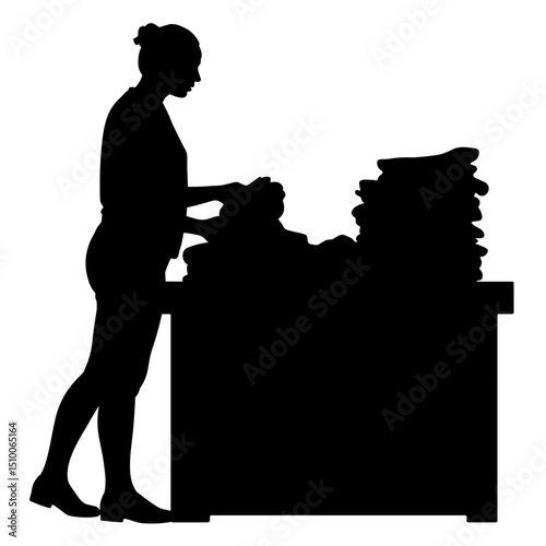 Silhouette of woman organizing clothes on table, black and white retail management