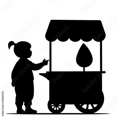 Silhouette of child pointing at candy stand, black and white curiosity moment
