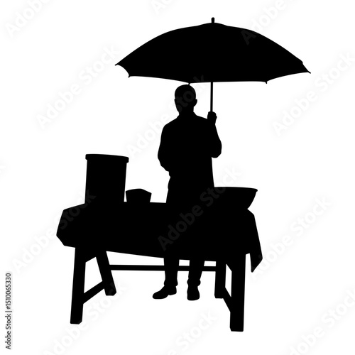 Silhouette of vendor raising umbrella on market table, black and white stall setup
