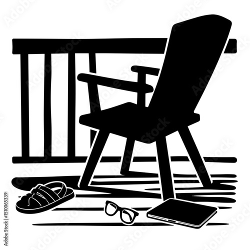 Silhouette of balcony with chair and accessories, black and white casual work mood
