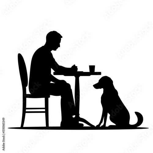 Silhouette of man dining with dog under table, black and white companionship scene