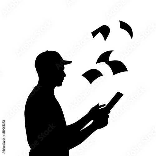 Silhouette of person reading with flying pages, black and white creative concept