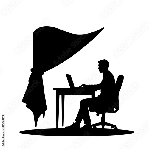 Silhouette of person working at desk with curtain, black and white productivity scene