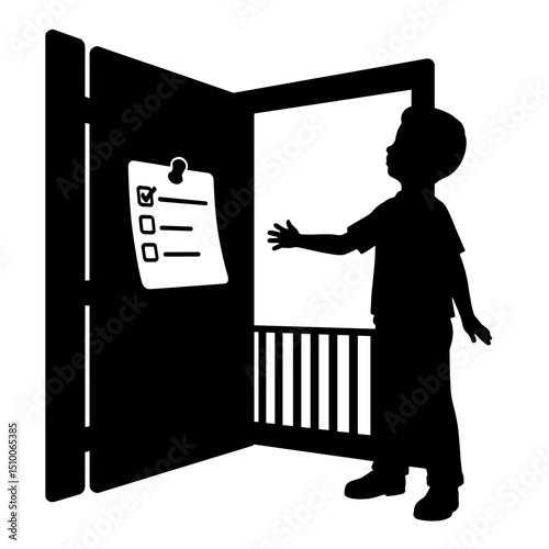 Silhouette of child reaching for task list by door, black and white planning moment