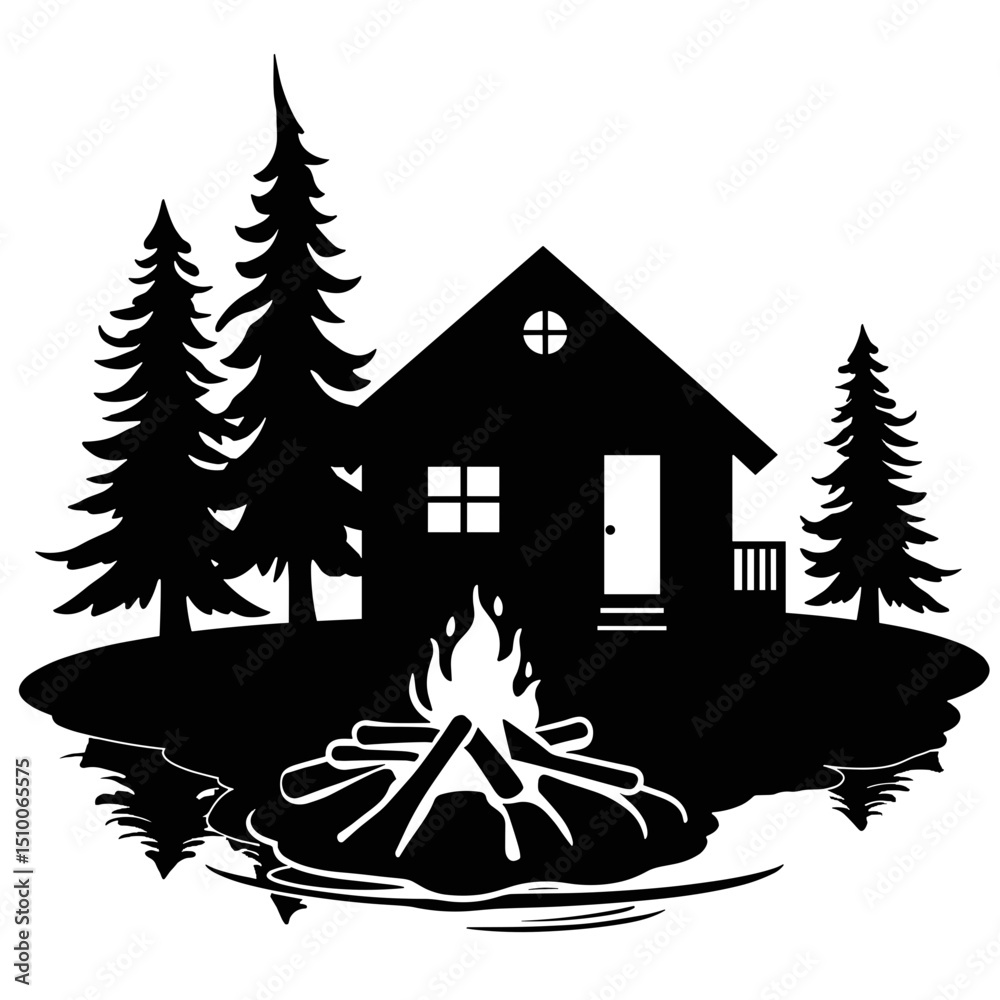 Obraz premium Silhouette of lakeside cabin with firepit, black and white rustic nature retreat
