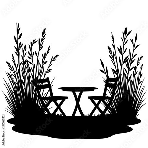 Silhouette of garden table and chairs among herbs, black and white outdoor relaxation