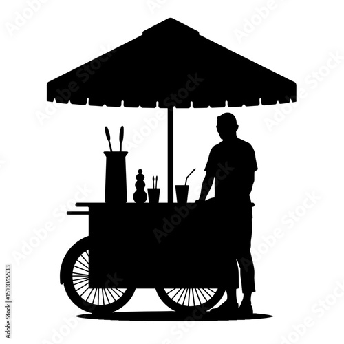 Silhouette of street cart with vendor selling snacks, black and white urban food scene