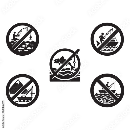 Silhouettes of stop illegal fishing sign vector on white background.