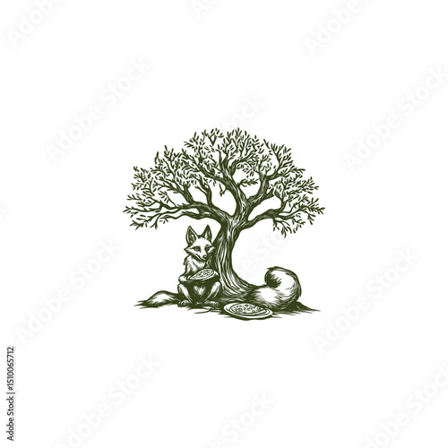 fox eating pizza under the tree design vector template illustration