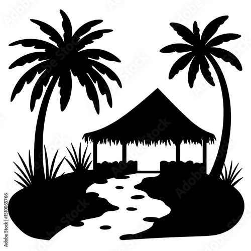 Silhouette of tropical hut with palm trees, black and white island vacation escape