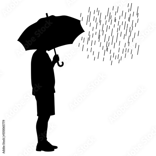 Silhouette of person with umbrella in hailstorm, black and white weather contrast