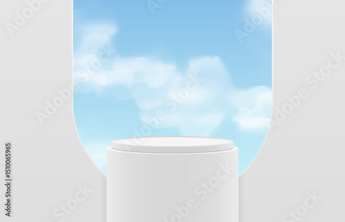 Luxury modern white 3d cylinder podium for product display stand and sky, clouds, arch window background. Minimal wall scene for mockup. Vector geometric platform. 3d pedestal vector rendering.