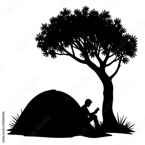 Silhouette of person journaling under tree beside tent, black and white outdoor reflection