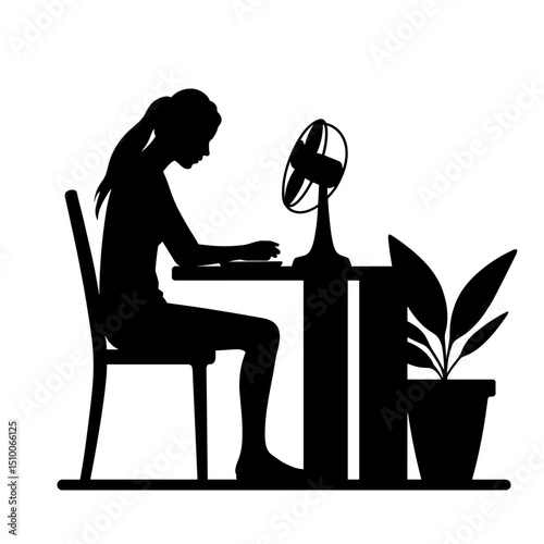 Silhouette of person working at desk with plant and fan, black and white calm workspace