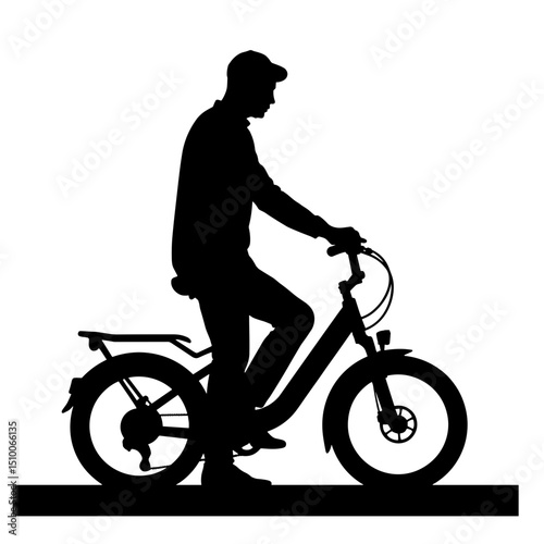 Silhouette of man riding e-bike, black and white urban mobility concept