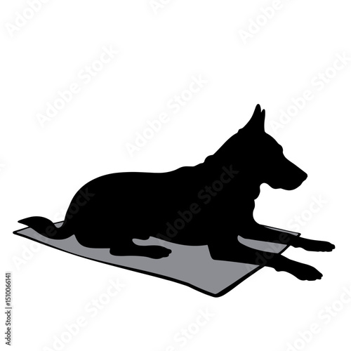 Silhouette of service dog resting on towel, black and white adaptive beach inclusion