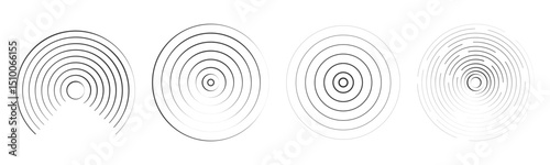 Sound wave, radar signal line. Concentric round circle effect, circular water ring. Contour vibration scan or music. Target screen, scannner swirl.