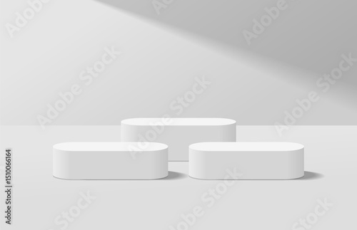 Abstract realistic white 3d round podium for product display stand with light shining shadow on wall. Minimal scene for product display mockup. Vector geometric platform design. 3d vector rendering.
