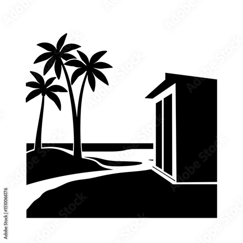 Silhouette of inclusive beach restroom with palm trees, black and white accessibility icon