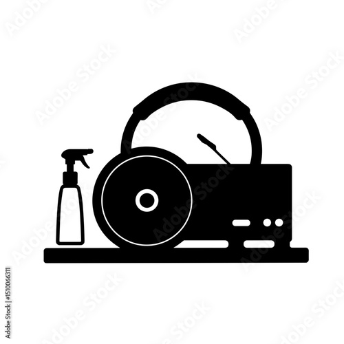 Silhouette of vintage CD player with headphones, black and white retro music gear