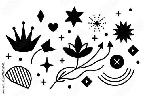 Abstract black and white decorative elements set featuring crowns stars hearts and various geometric shapes on white