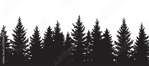 Silhouettes of fir trees. Horizontal patterns featuring coniferous spruce, a vector illustration of black evergreen woods. Gorgeous hand-drawn panoramas of coniferous forests.

