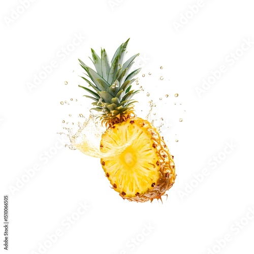 Floating fresh pineapple with water droplets, isolated on a white background. photo