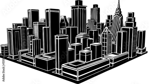 Black and white cityscape vector illustration depicting modern buildings and architectural structures from above