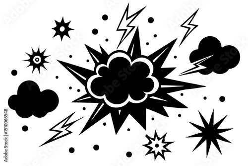 Black and white comic book style explosion and lightning bolt design elements on white background