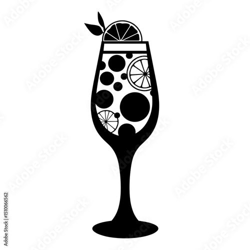 Silhouette of tonic water with citrus slices, black and white refreshing drink