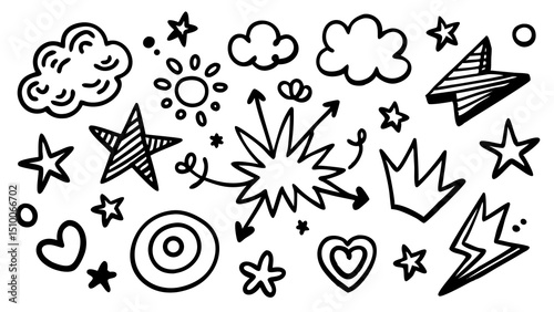 Black and white hand drawn doodle elements including stars clouds hearts sun bursts and other fun whimsical shapes.
