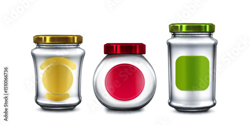 Set of glass jars with colored lids - green, yellow and red caps and labels. Transparent containers for canning, preserving food. Realistic 3d packaging mockup of empty bottles for jam, honey or sauce