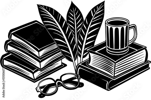 Black and white illustration depicting books leaves coffee mug and eyeglasses symbolic of learning