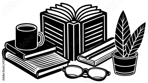 Black and white illustration depicting books eyeglasses coffee mug and plant pot on a white background