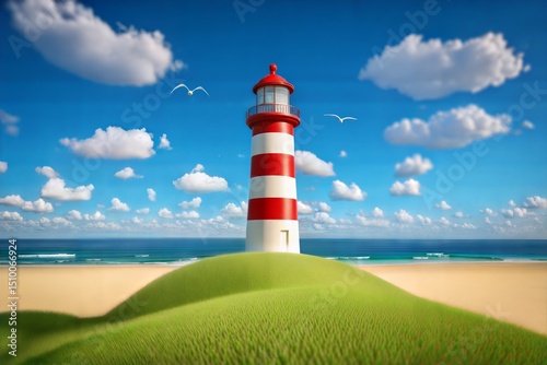 Cartoon lighthouse on grassy hill with birds and cloudy sky