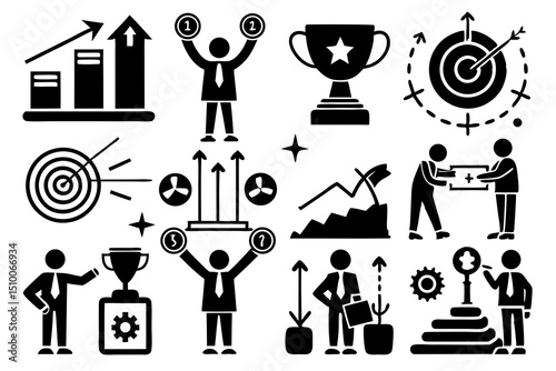 Business success and achievement icons representing goals growth and teamwork in modern graphic design