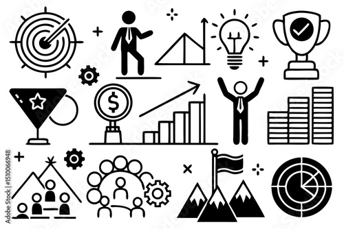 Business success concepts including growth targets teamwork and leadership icons for corporate presentations