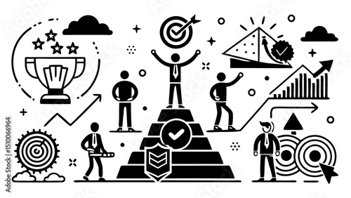 Business success illustration depicting goals achievements teamwork progress and target with various symbolic elements