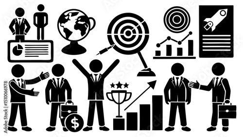Business success icons illustrating global teamwork growth profitability and achievement concepts