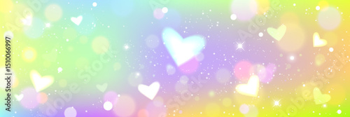 Pastel rainbow gradient background with white heart glitter, bokeh lights and sparkles. Dreamy magical shimmering fairy tale backdrop for fantasy designs, girly party invitations, unicorn themed decor