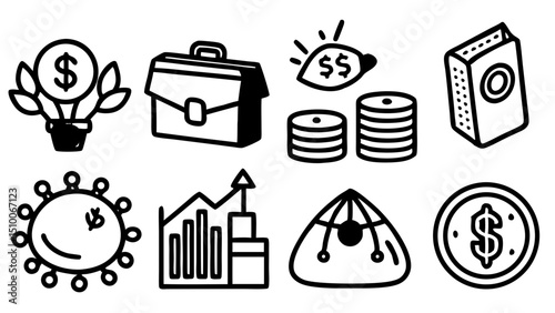 Collection of hand drawn business and finance related icons with transparency suitable for various creative design projects
