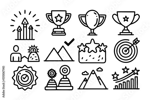 Collection of hand drawn success icons depicting achievement targets and goals in simple outline style