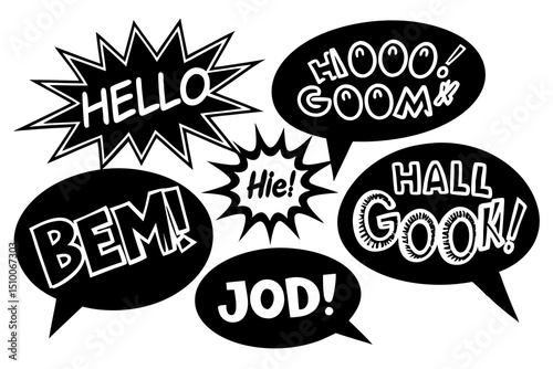 Comic speech bubbles collection featuring greetings and exclamations in bold black and white typography