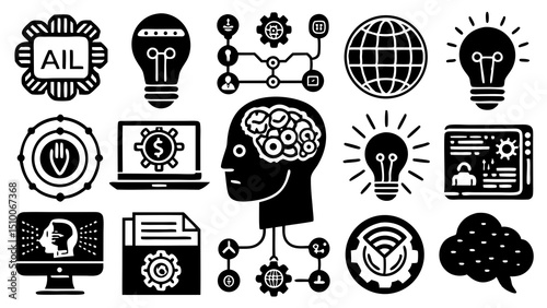 Conceptual black and white illustrations featuring ai and technology brainstorming and innovative ideas